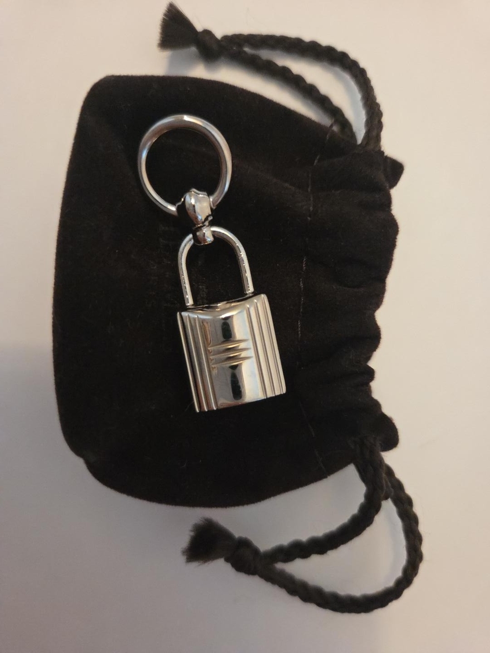 Hermes Silver Padlock Key Ring with Black Velvet Pouch